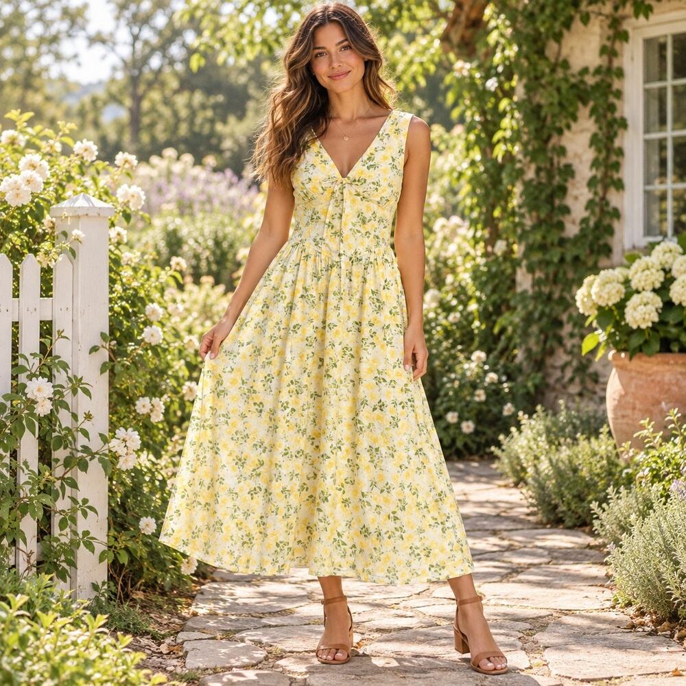 Band of the Free Floral Dress Womens M Yellow Cotton Smocked Cottagecore Midi